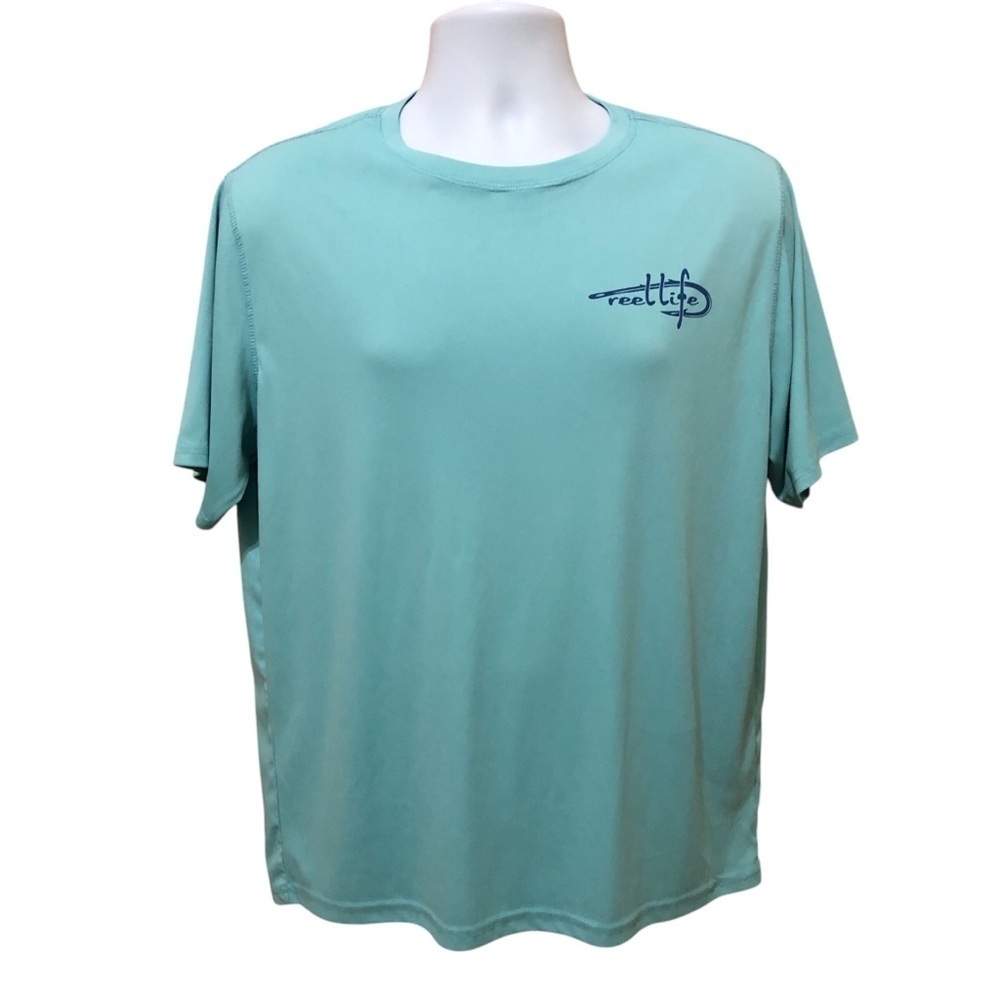 Reel Life Men’s Performance Fishing Shirt L/XL Aqua Blue USA Flag Graphics GUC